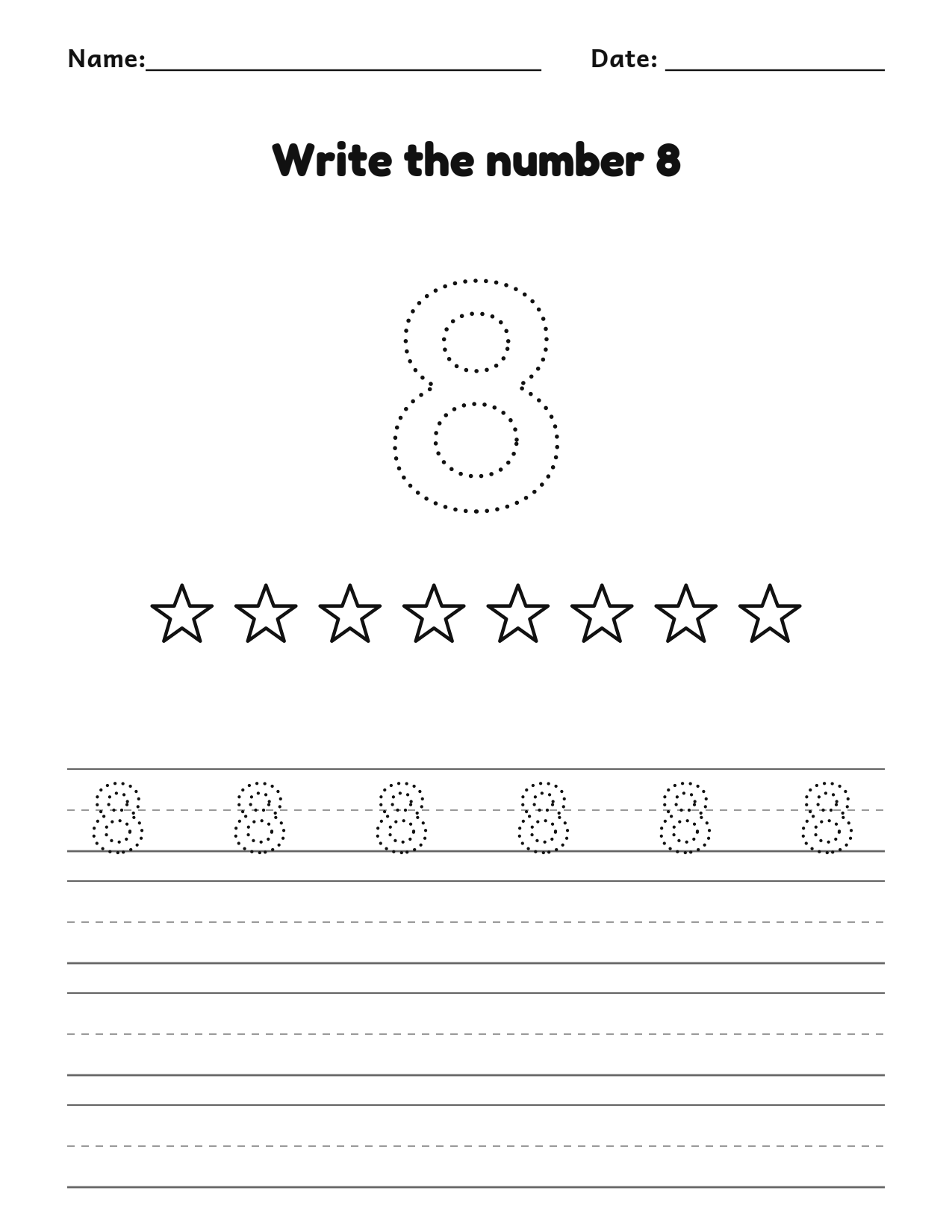 Write the number 8 (eight) practice worksheet with counting pictures and writing lines