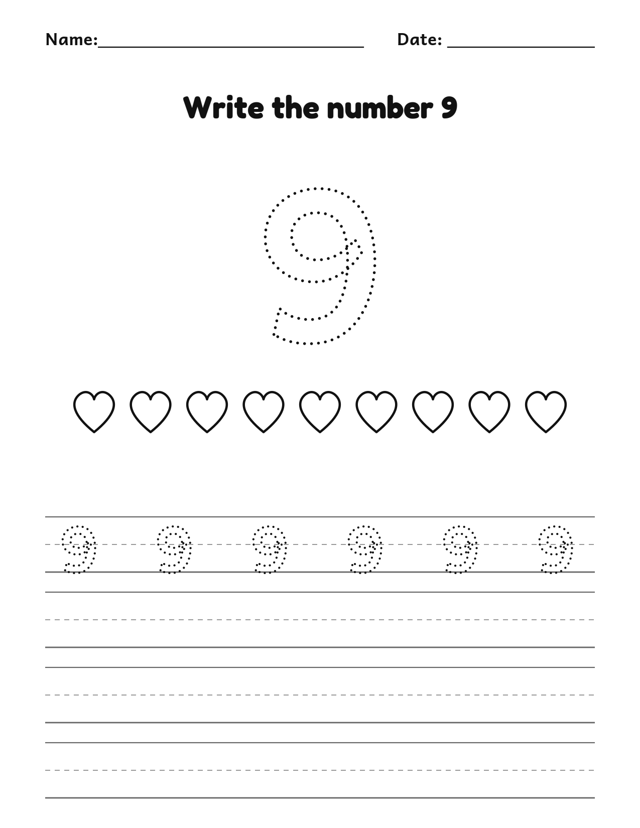 Write the number 9 (nine) practice worksheet with counting pictures and writing lines