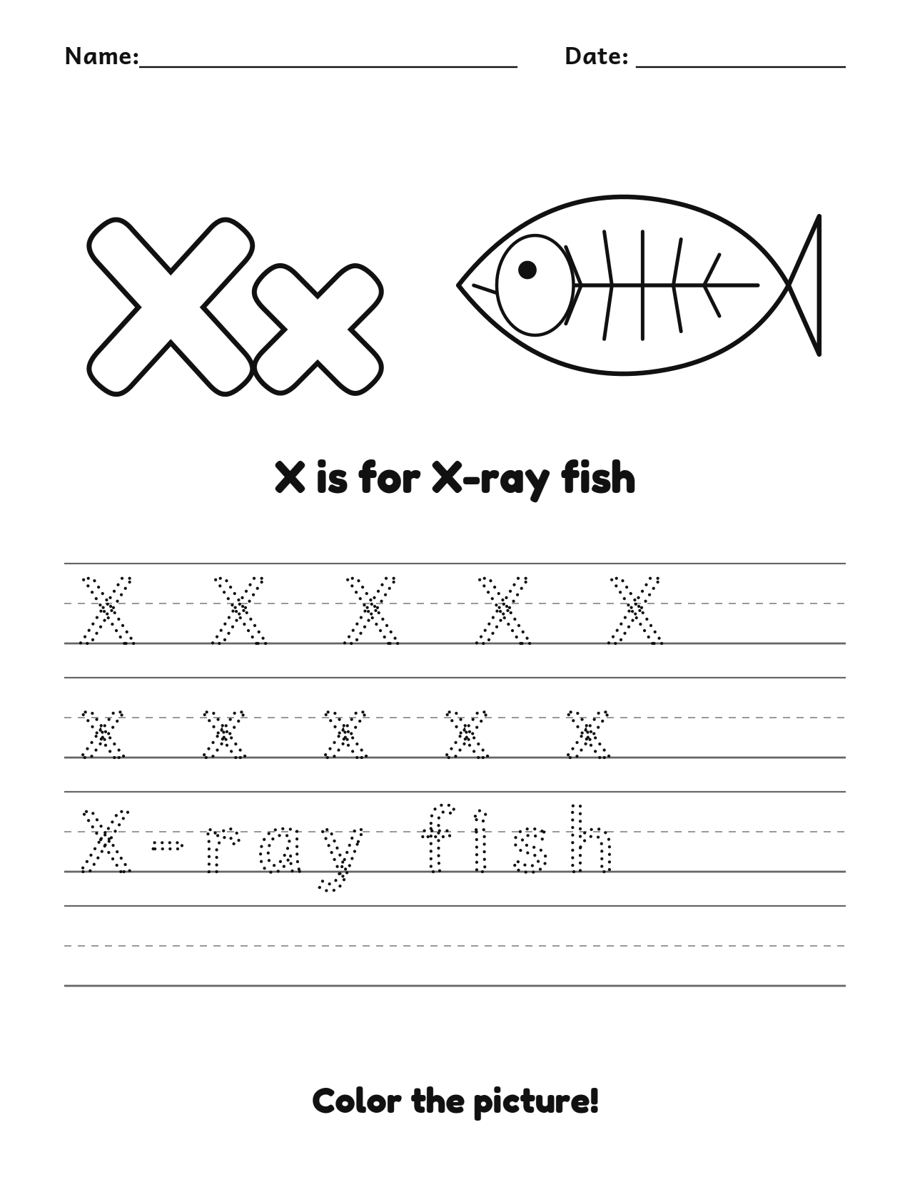 X is for X-ray fish animal alphabet tracing worksheet with a x-ray fish picture and writing lines