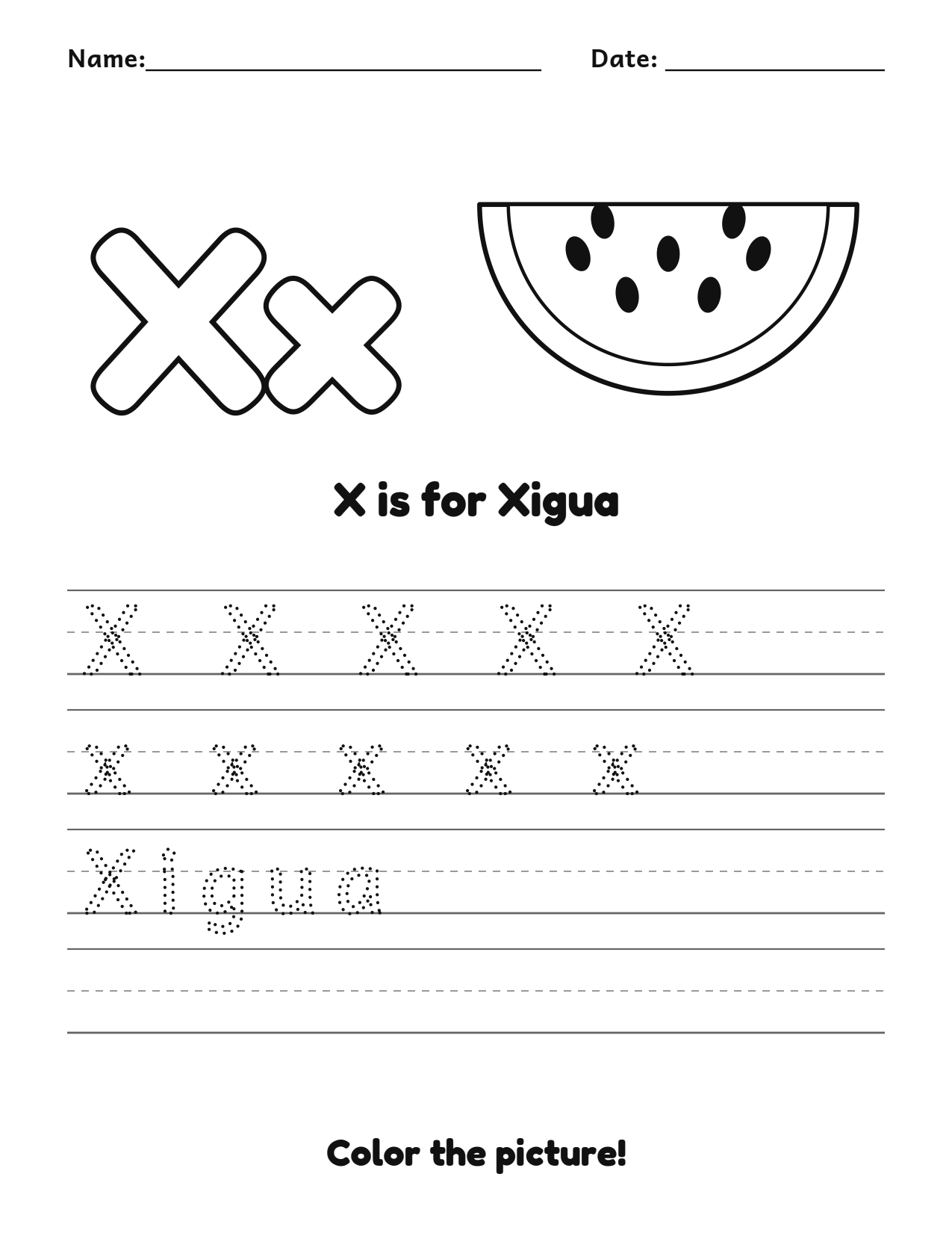 X is for Xigua fruit and vegetable tracing worksheet with a xigua picture and writing lines