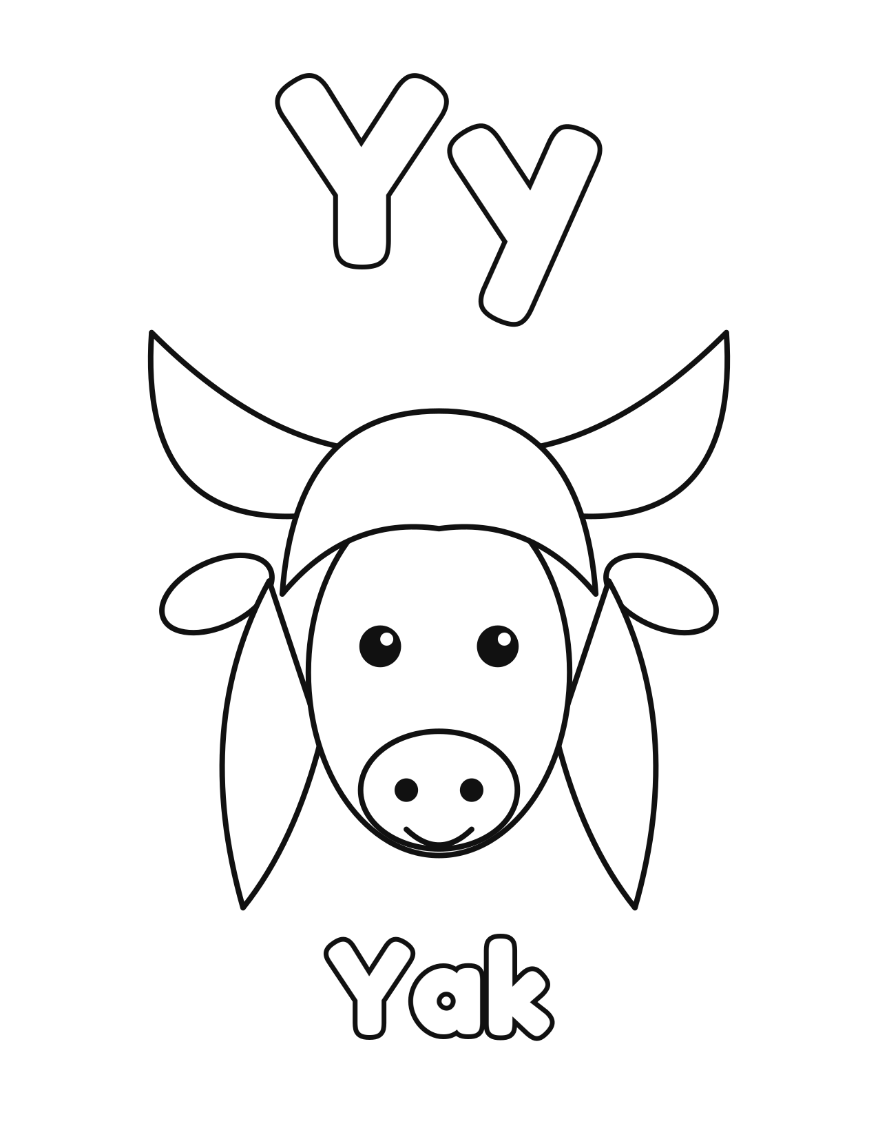 Y is for Yak animal alphabet coloring page with a cute yak to color
