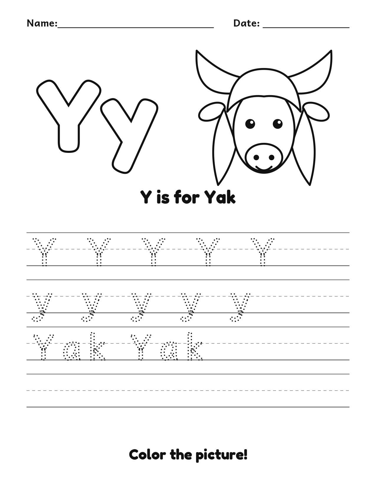 Y is for Yak animal alphabet tracing worksheet with a yak picture and writing lines