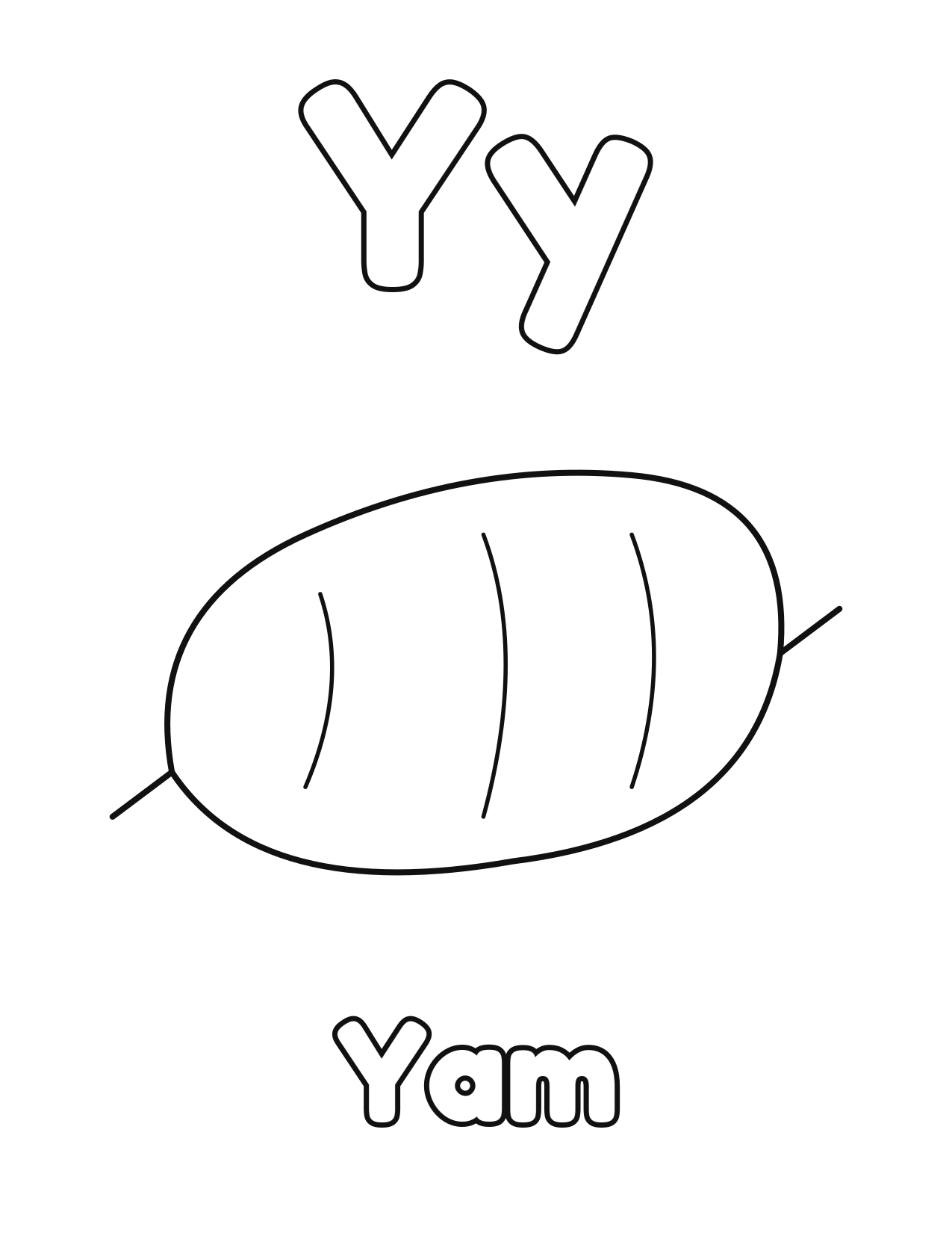 Y is for Yam fruit and vegetable alphabet coloring page with yam to color