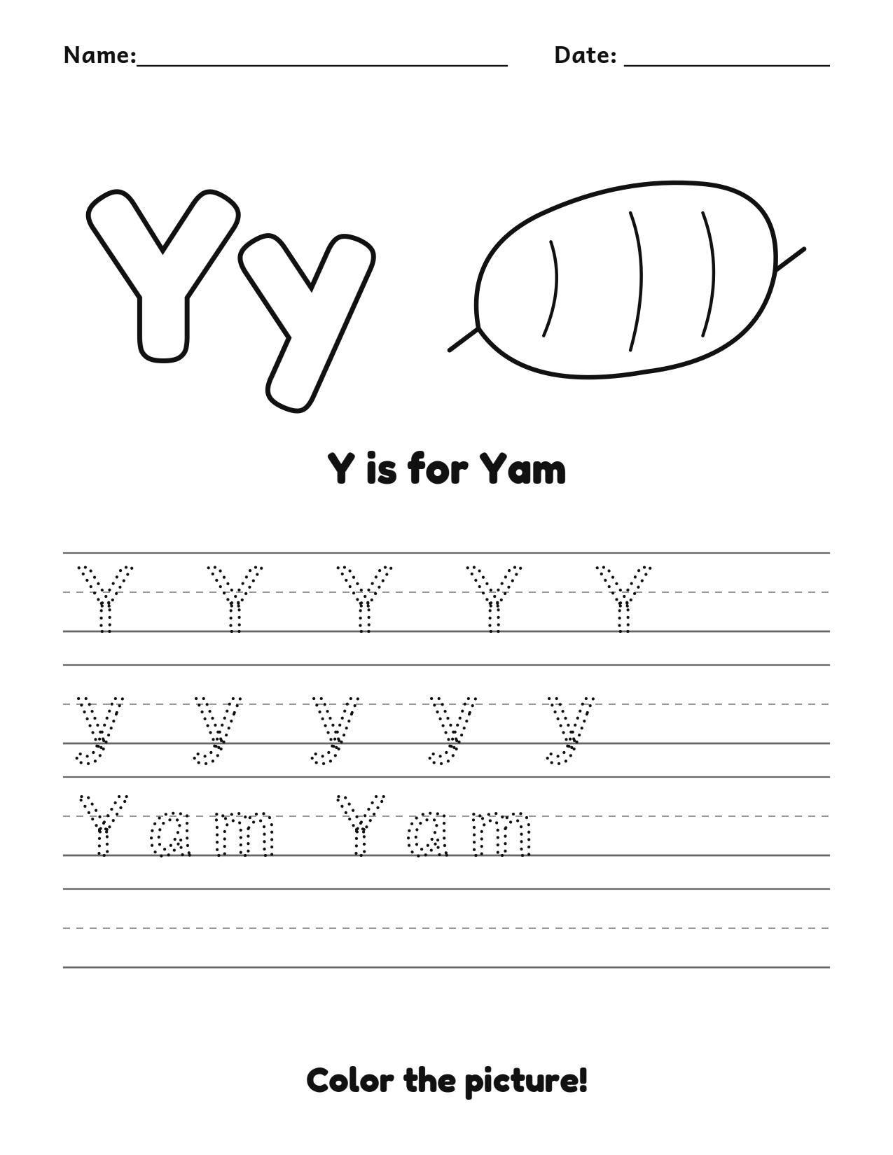 Y is for Yam fruit and vegetable tracing worksheet with a yam picture and writing lines
