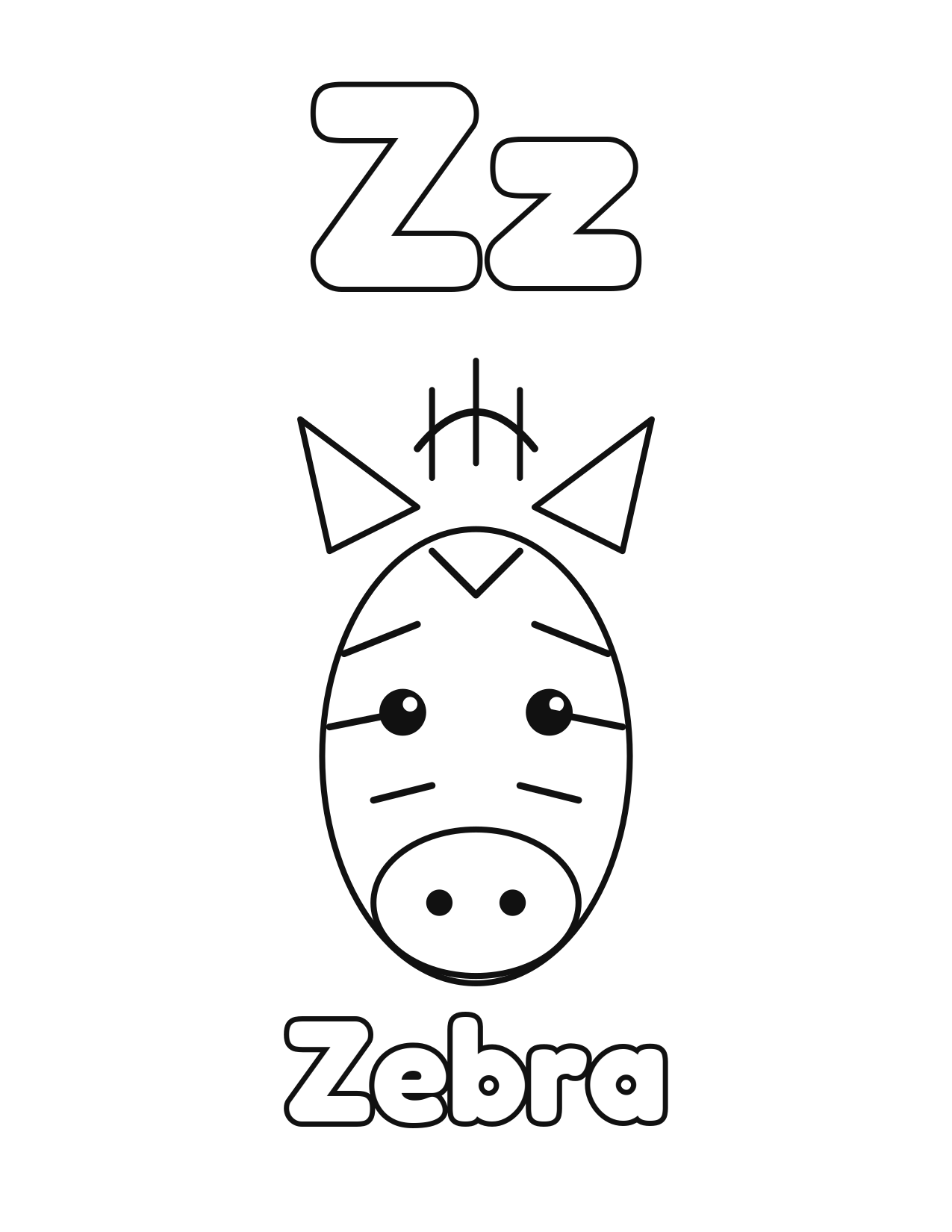 Z is for Zebra animal alphabet coloring page with a cute zebra to color