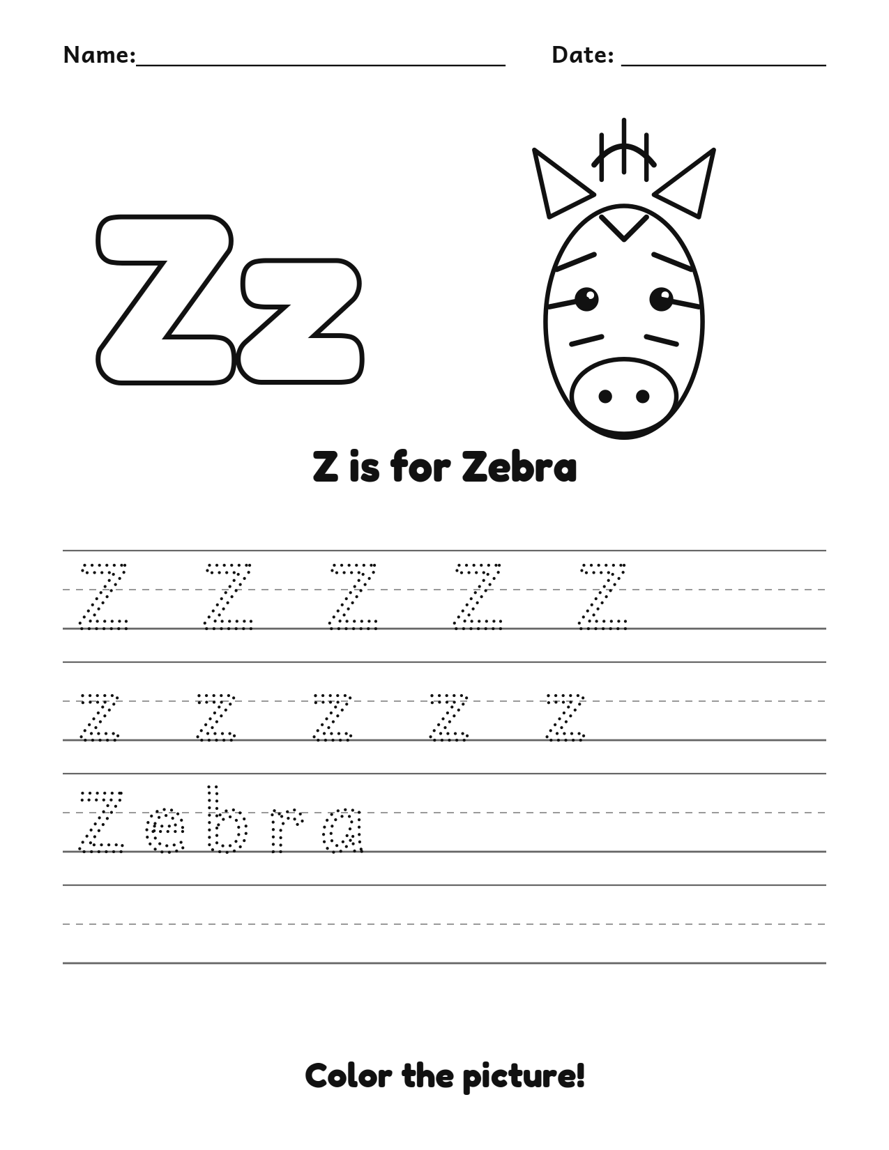 Z is for Zebra animal alphabet tracing worksheet with a zebra picture and writing lines