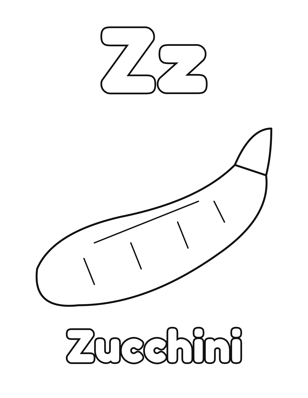 Z is for Zucchini fruit and vegetable alphabet coloring page with zucchini to color