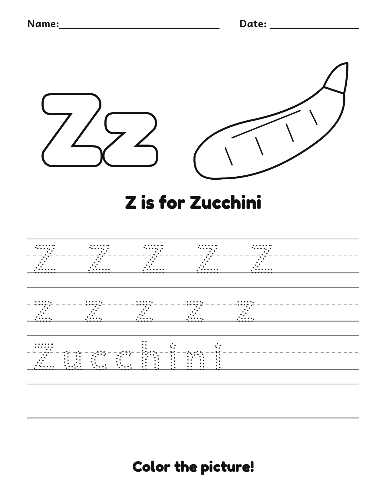 Z is for Zucchini fruit and vegetable tracing worksheet with a zucchini picture and writing lines